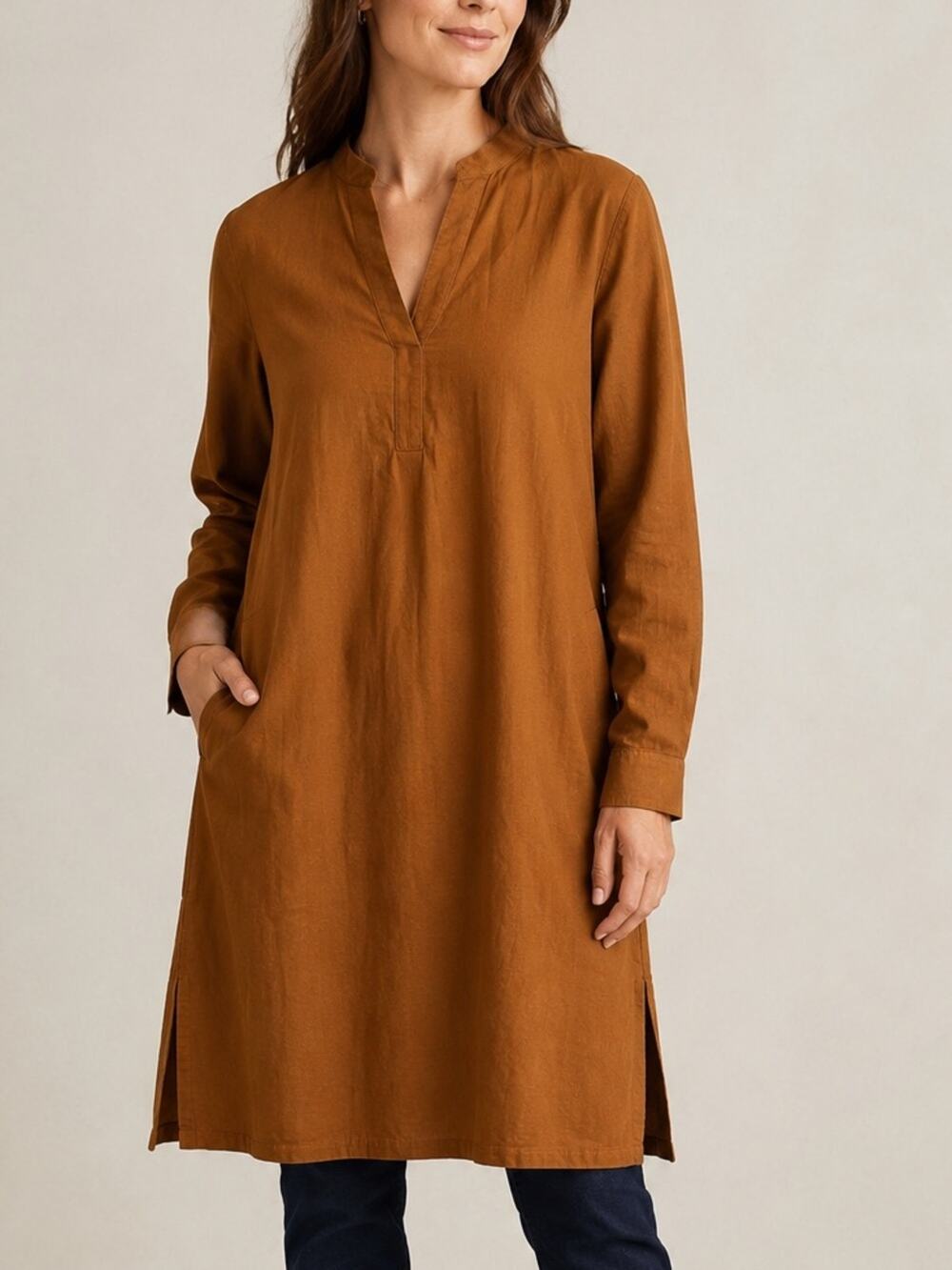 J.Jill Pure Jill Brown Cotton Tunic Dress Pockets Long Sleeve Size Small